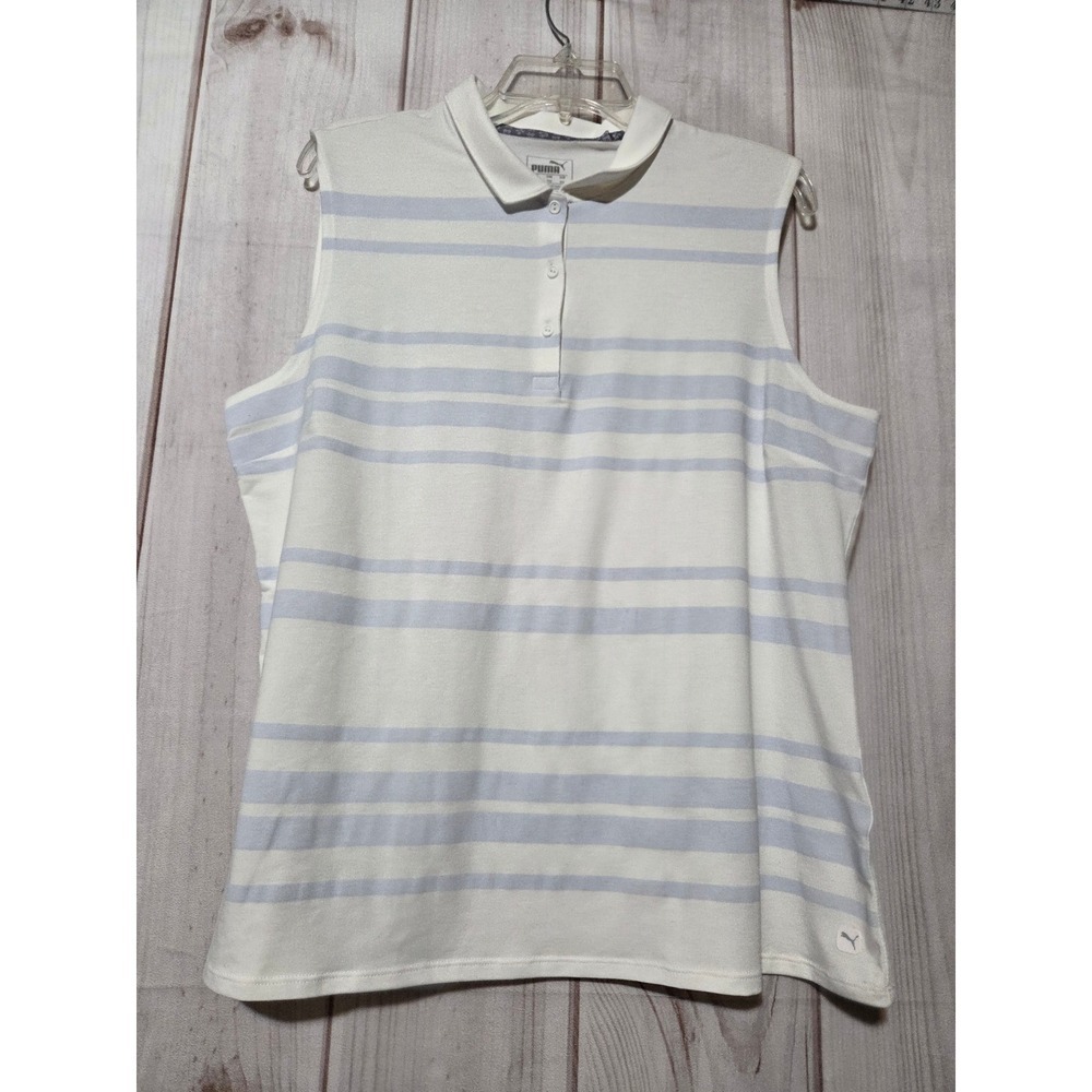 Puma Womens XXL Sleeveless Polo Shirt White Blue Striped Golf Top Sportswear